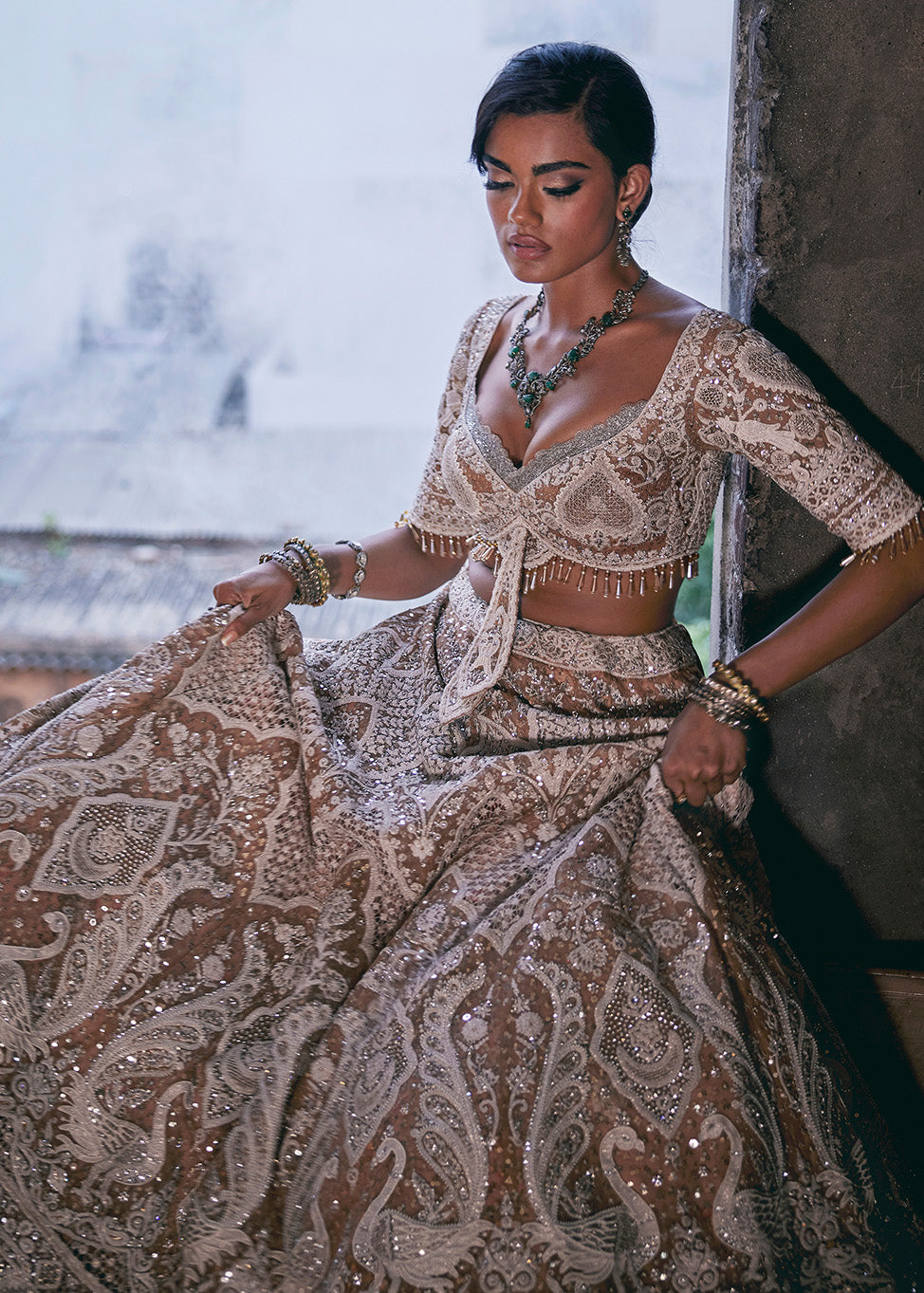 Ivory and Beige Filigree Lehenga