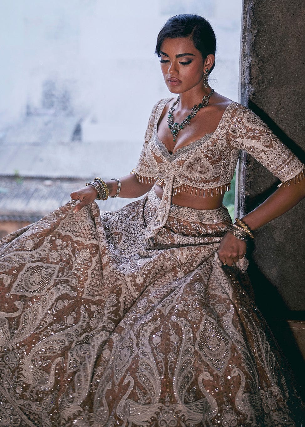 Ivory and Beige Filigree Lehenga