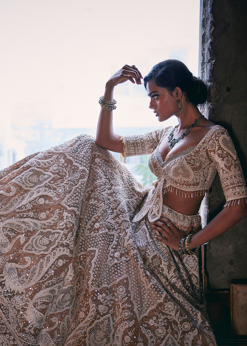 Ivory and Beige Filigree Lehenga