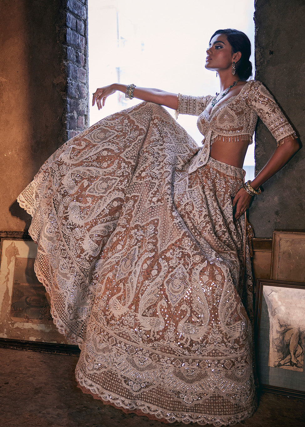 Ivory and Beige Filigree Lehenga