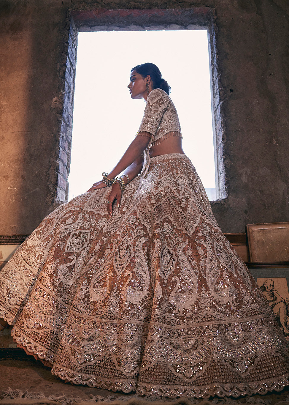 Ivory and Beige Filigree Lehenga