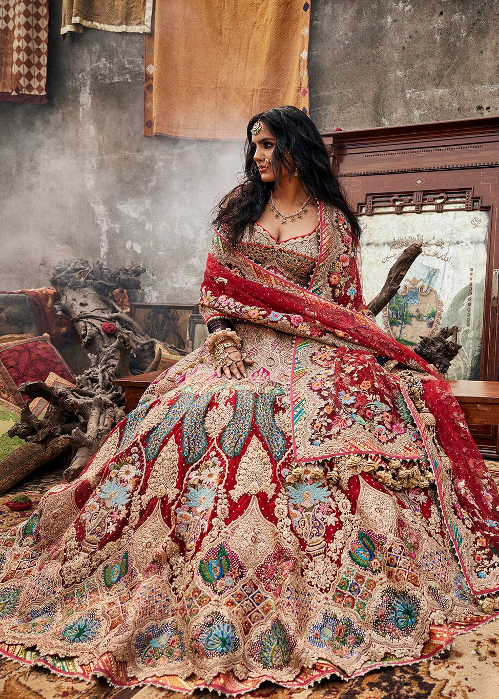 Deep Maroon 'Peacock Plumage' Lehenga Set