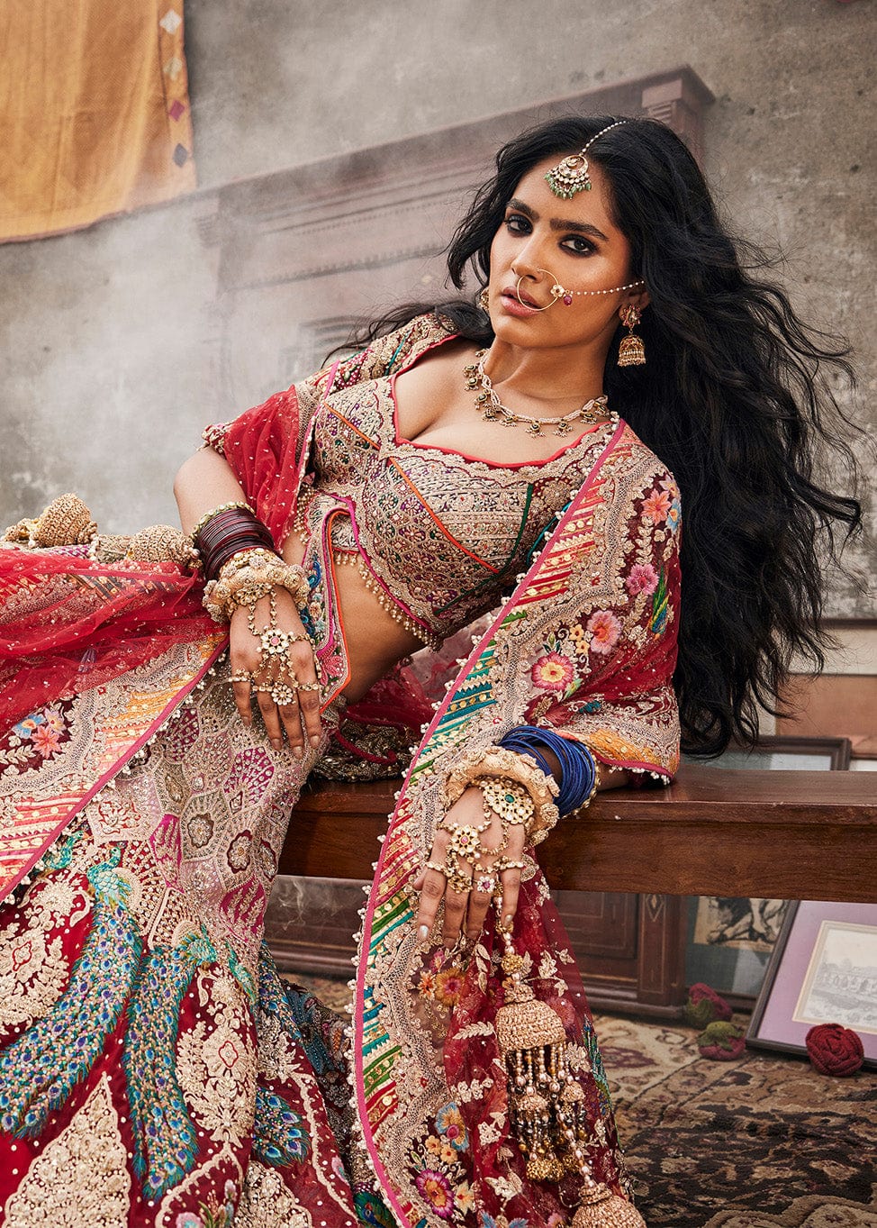 Deep Maroon 'Peacock Plumage' Lehenga Set