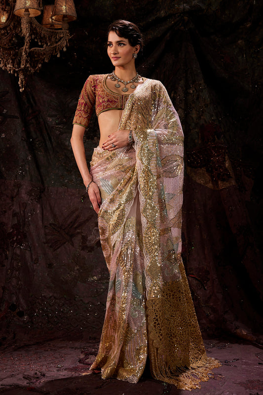 Pale Frosted Pink Tulle Saree
