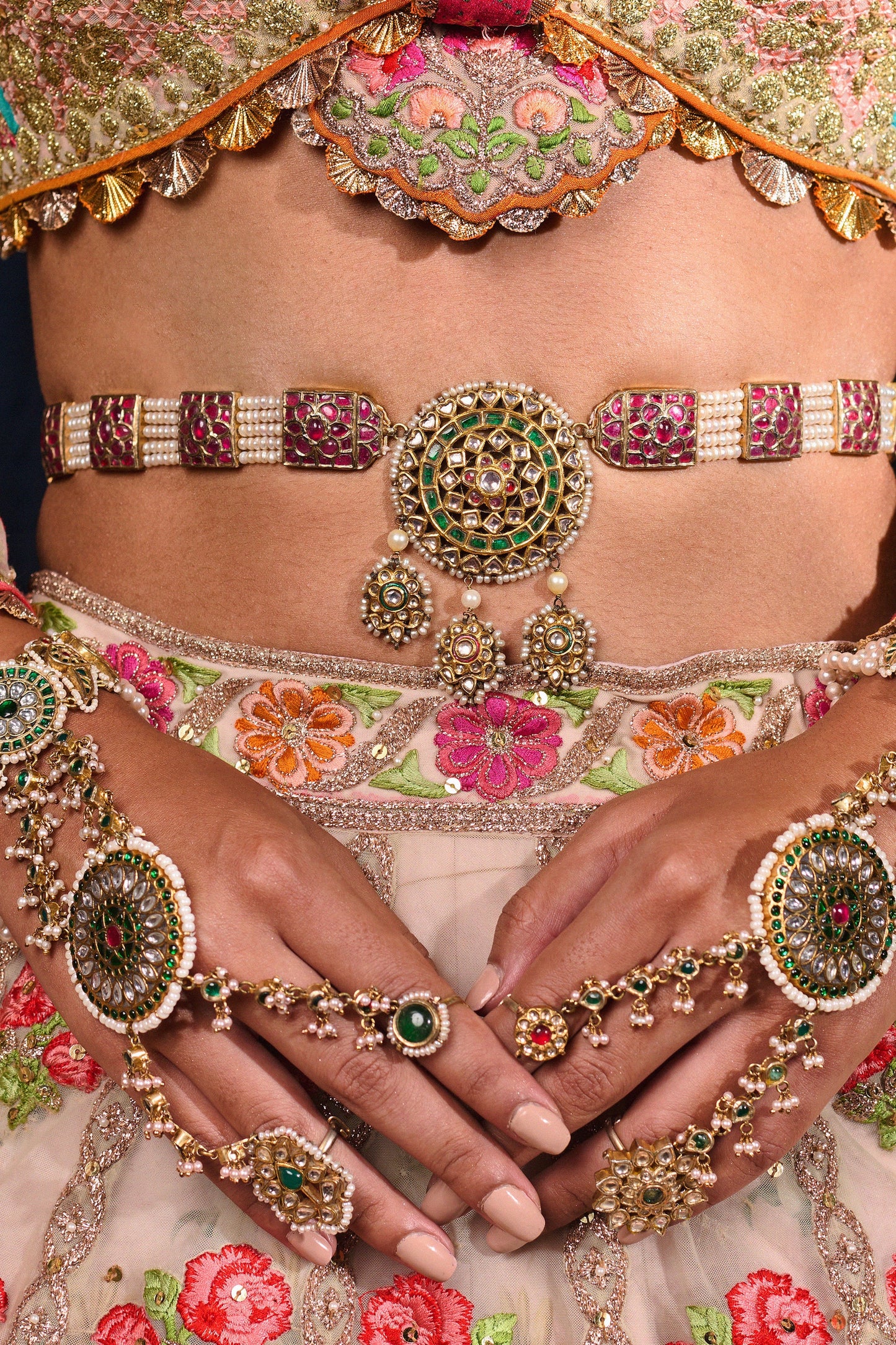 Gold Finish Kundan Polki Hathphool With Emerald Gemstones