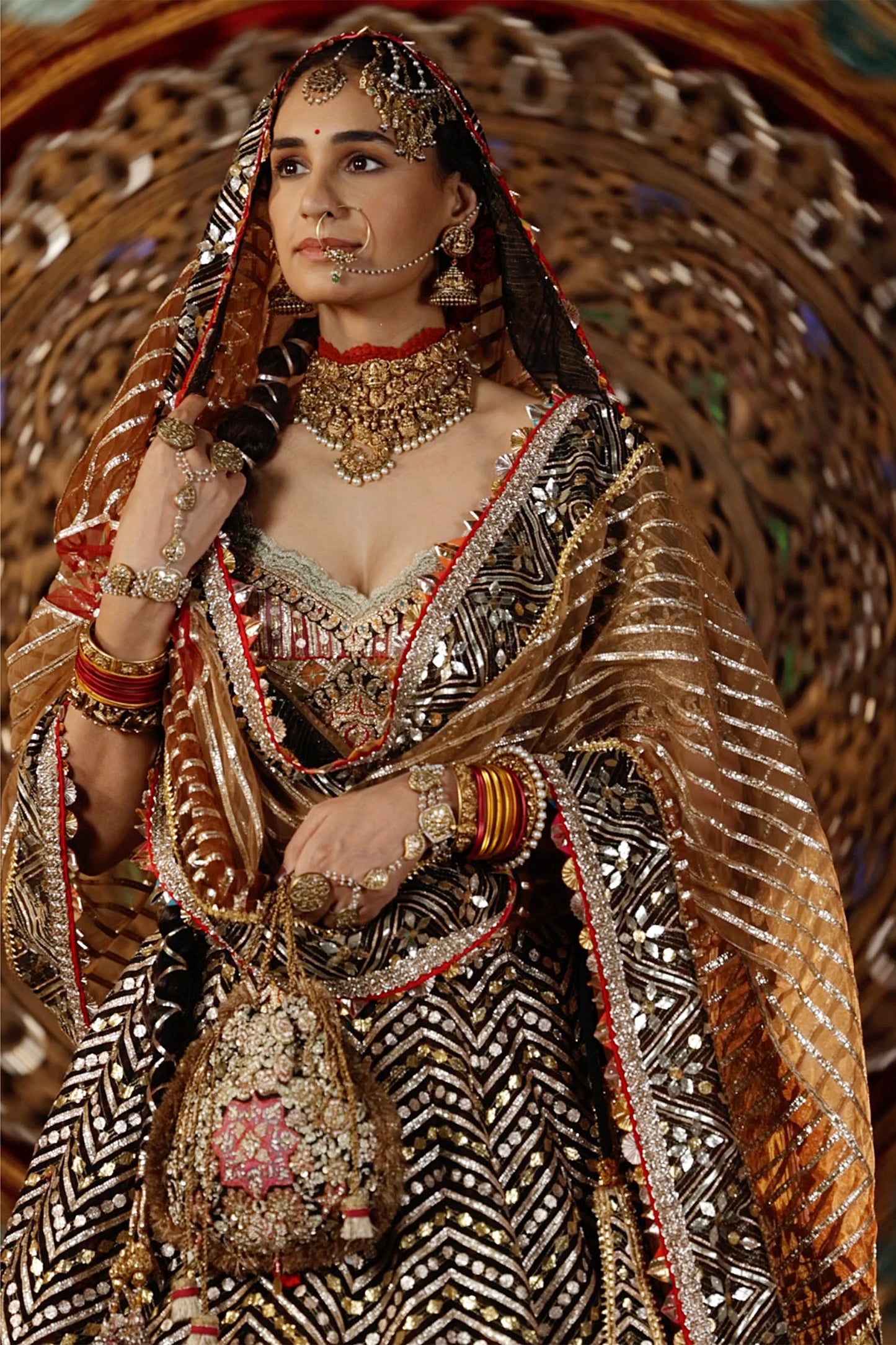 Black and Gold Chevron Lehenga Set