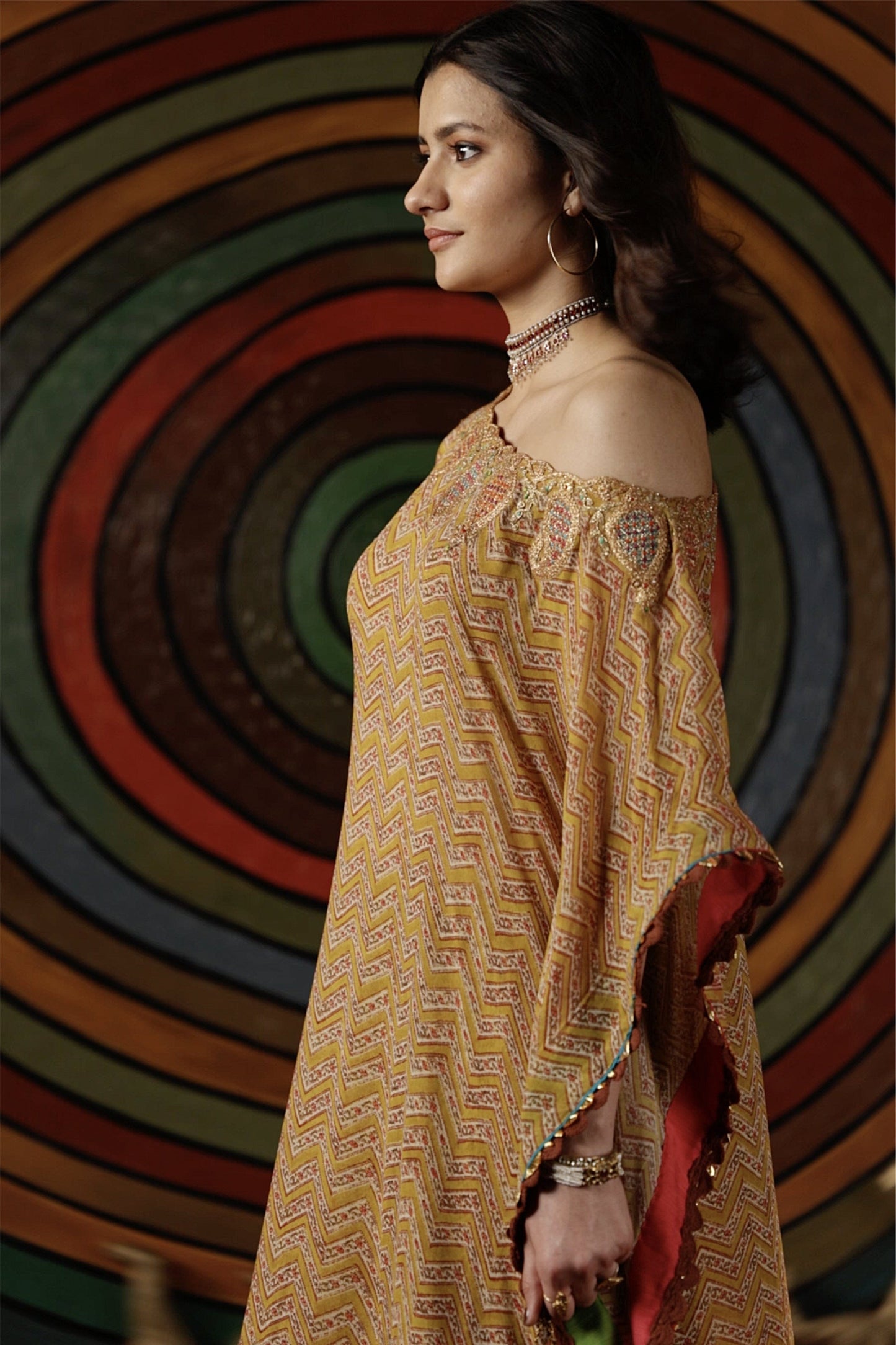 Mustard Leheriya Kaftan & Sharara Set