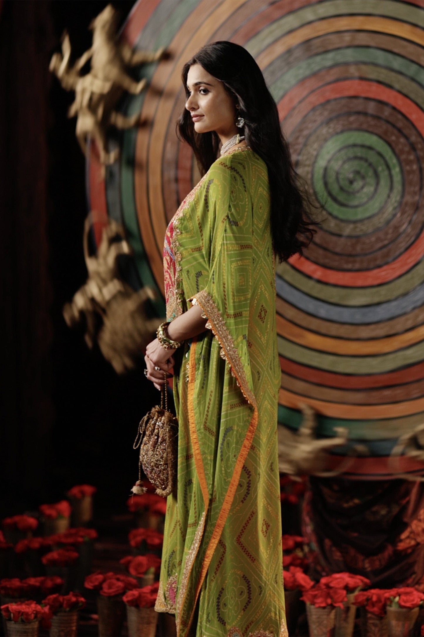 Green Bandhej Kaftan Set