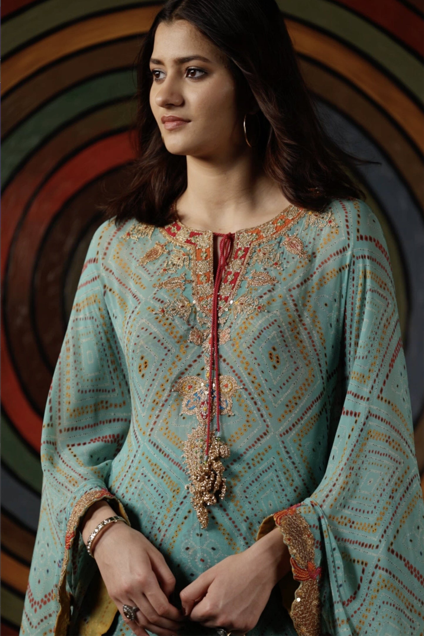 Light Turqouise Bandhej Kaftan & Gharara Set