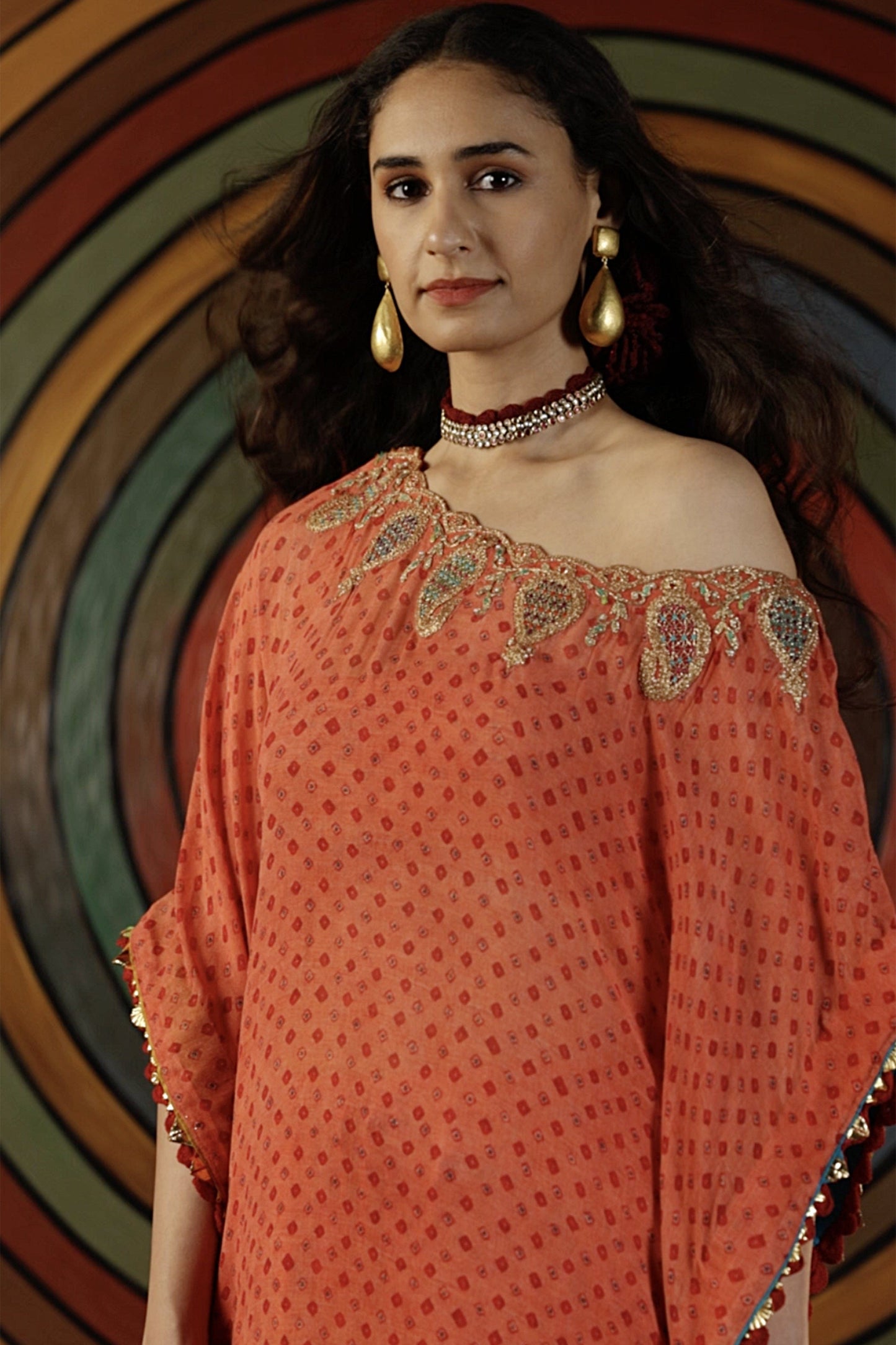 Coral Bandhej Kaftan & Sharara Set