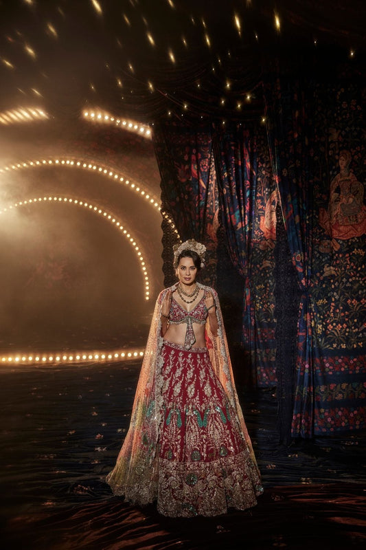 Pomegranate Lehenga with a Melange of Fauna Motifs