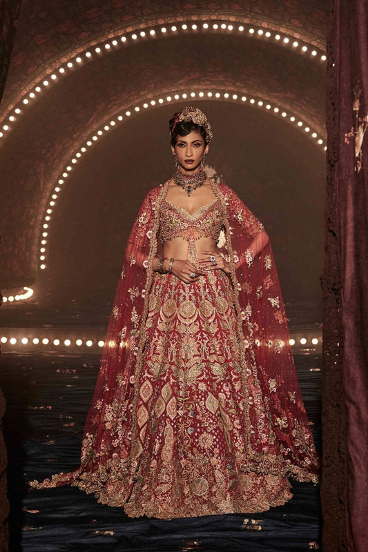 Deep Red Lehenga with Floral and Avian Motifs