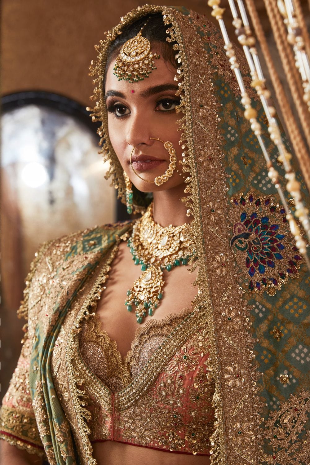 Peach pink silk lehenga with blouse and dupatta