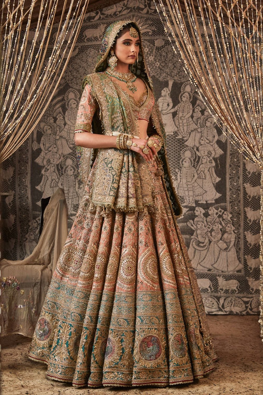 Peach pink silk lehenga with blouse and dupatta