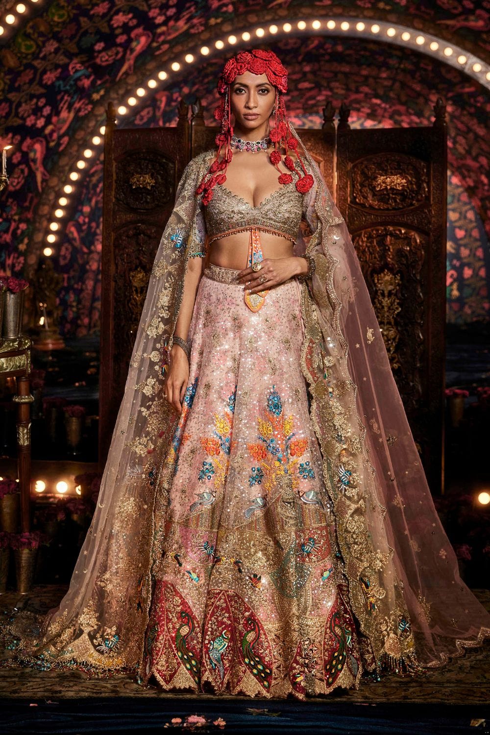 Carnation Pink Lehenga with Floral and Avian Motifs