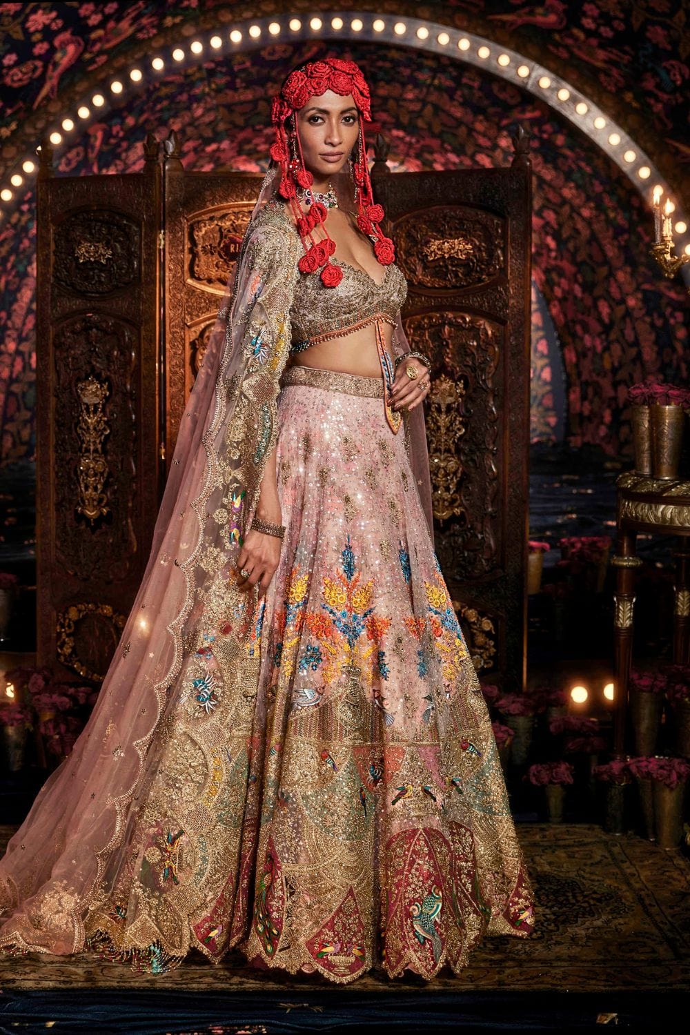Carnation Pink Lehenga with Floral and Avian Motifs