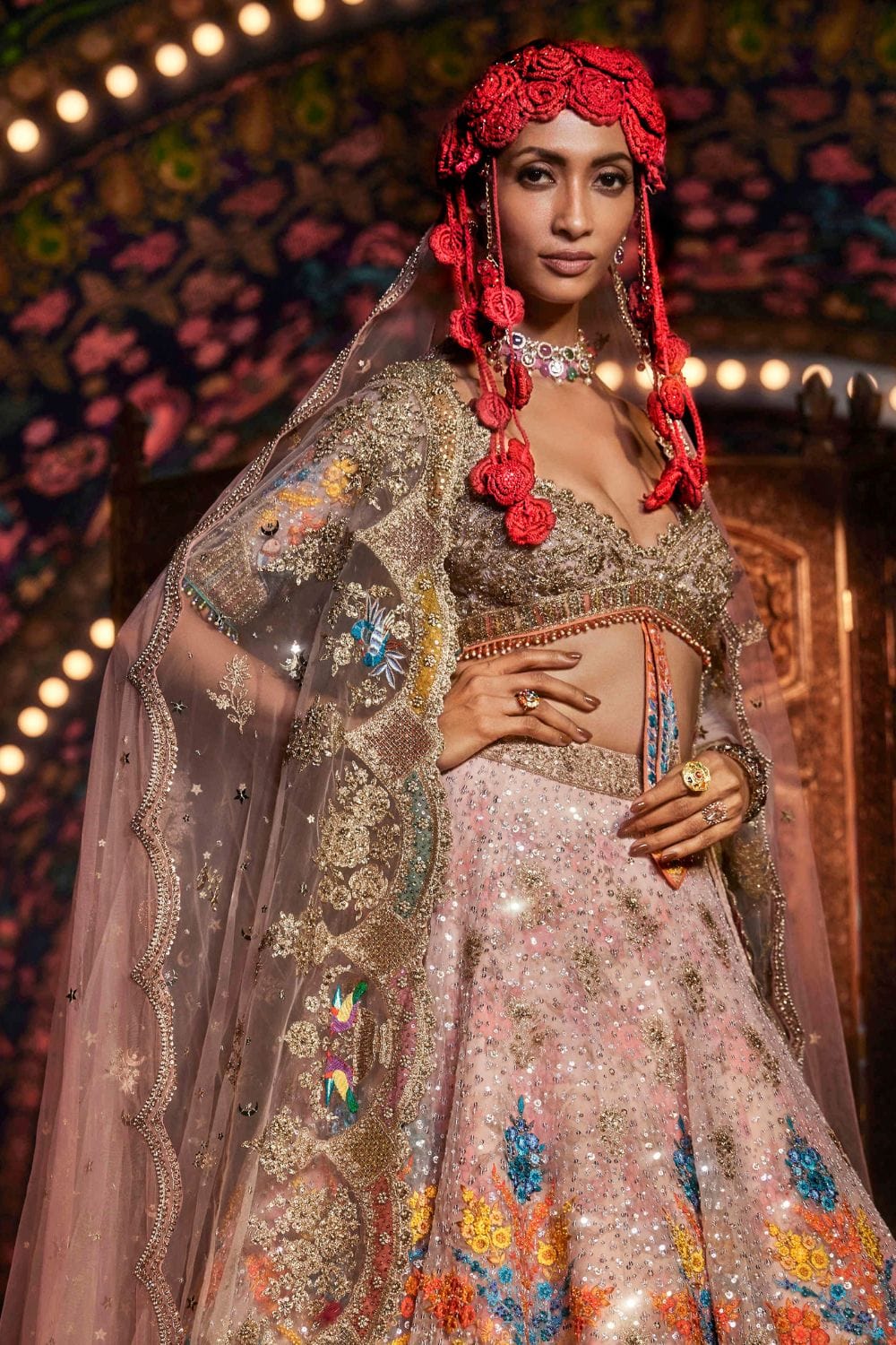 Carnation Pink Lehenga with Floral and Avian Motifs