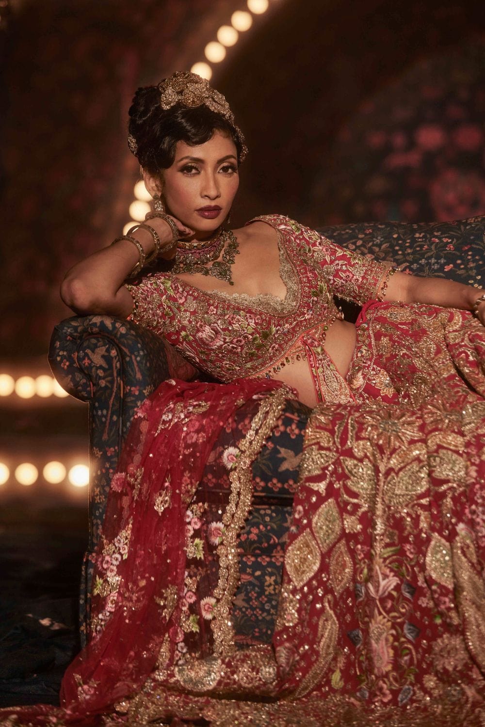 Deep Red Lehenga with Floral and Avian Motifs