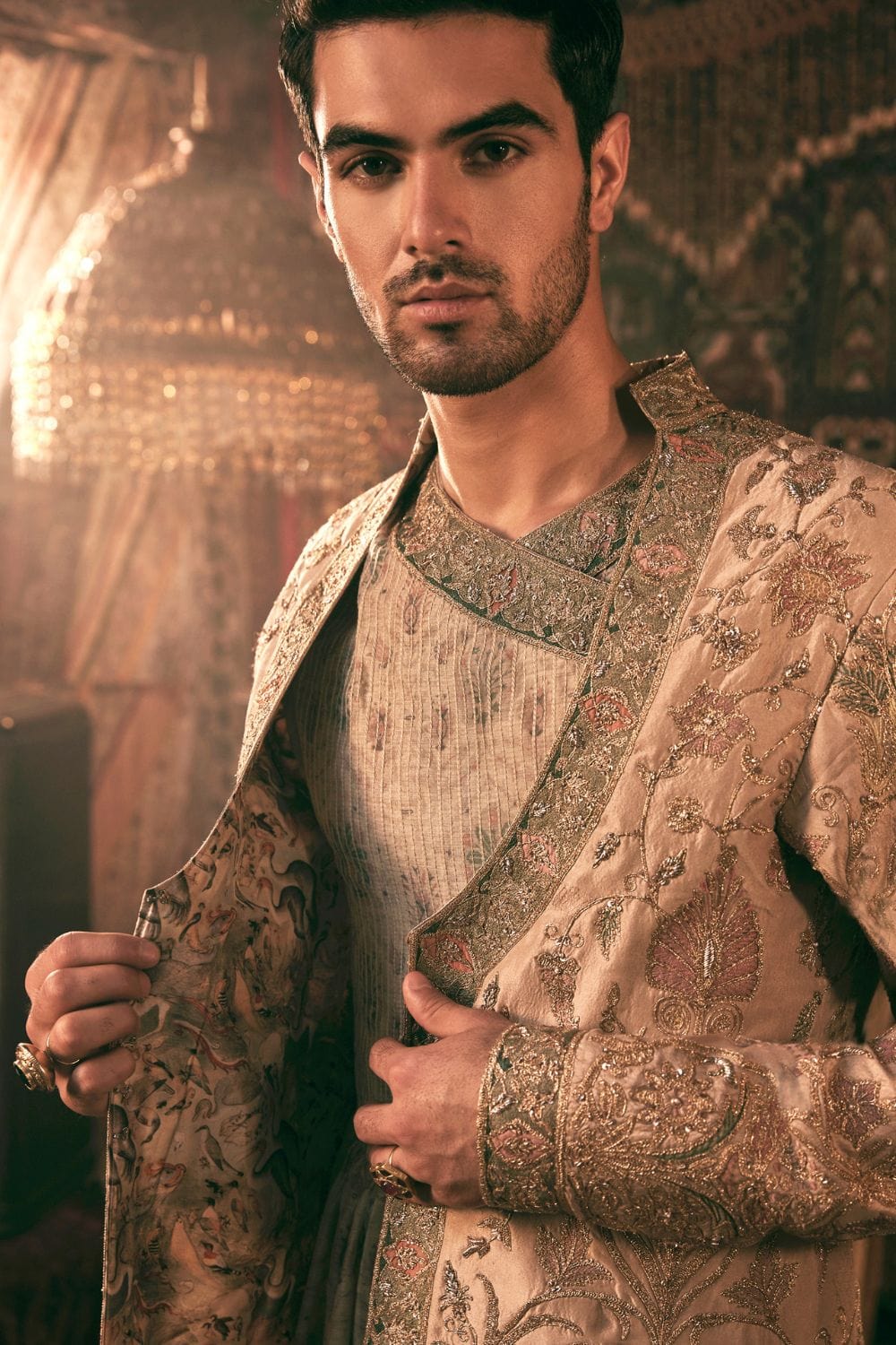 Soft Beige Silk Choga Set