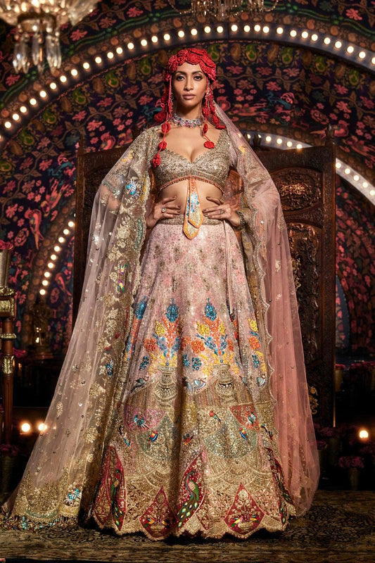 Carnation Pink Lehenga with Floral and Avian Motifs