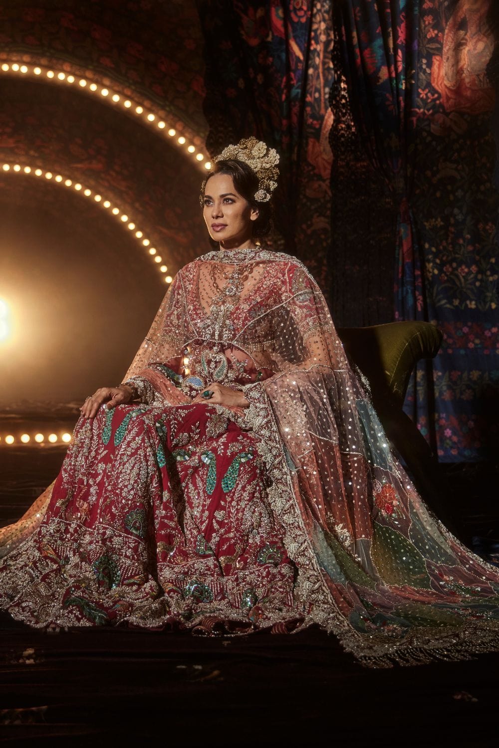 Pomegranate Lehenga with a Melange of Fauna Motifs