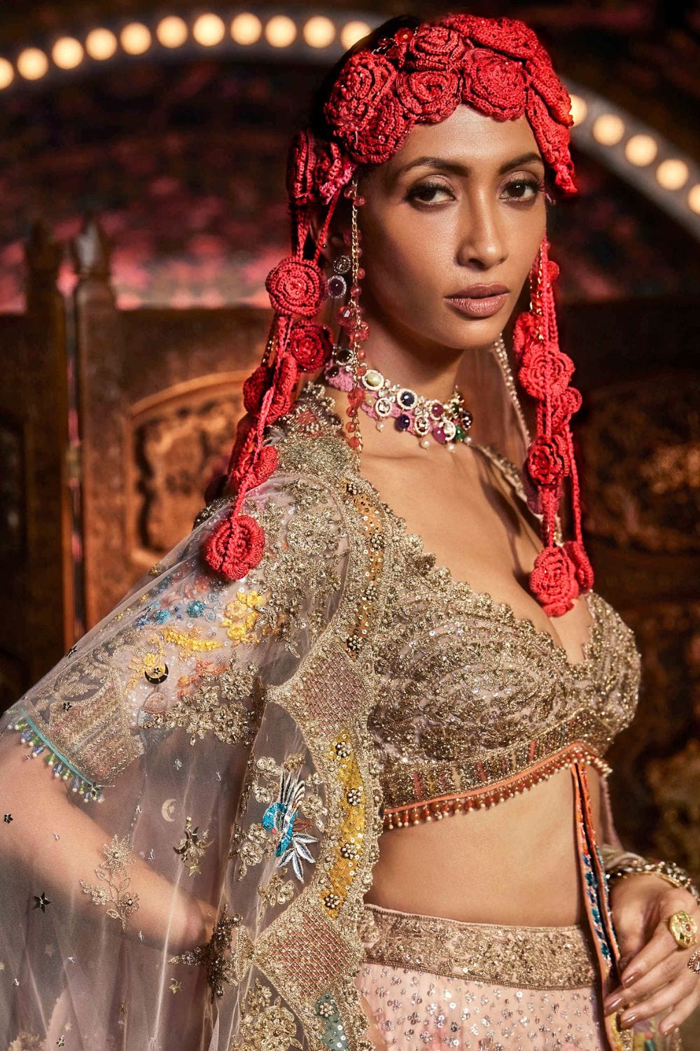 Carnation Pink Lehenga with Floral and Avian Motifs