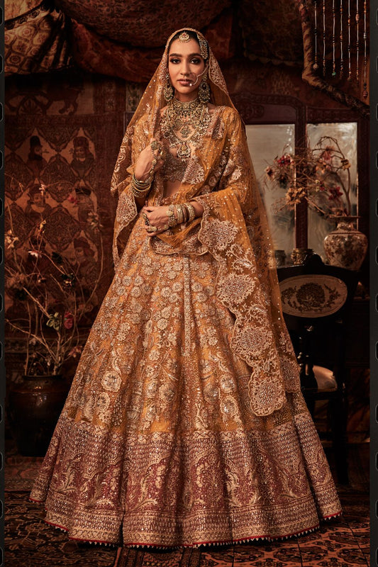Mustard gold and earthy red Lehenga Set