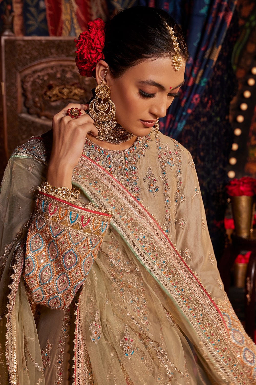Pale Khaki FLoral and Paisley Kalidar Kurta Set