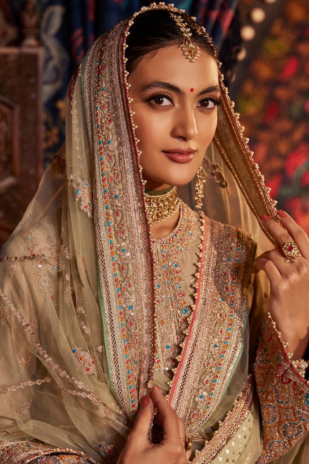 Pale Khaki FLoral and Paisley Kalidar Kurta Set