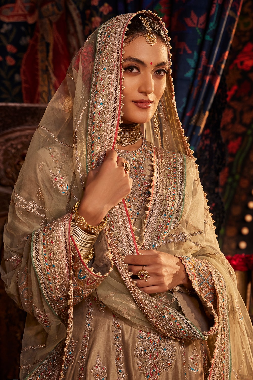 Pale Khaki FLoral and Paisley Kalidar Kurta Set