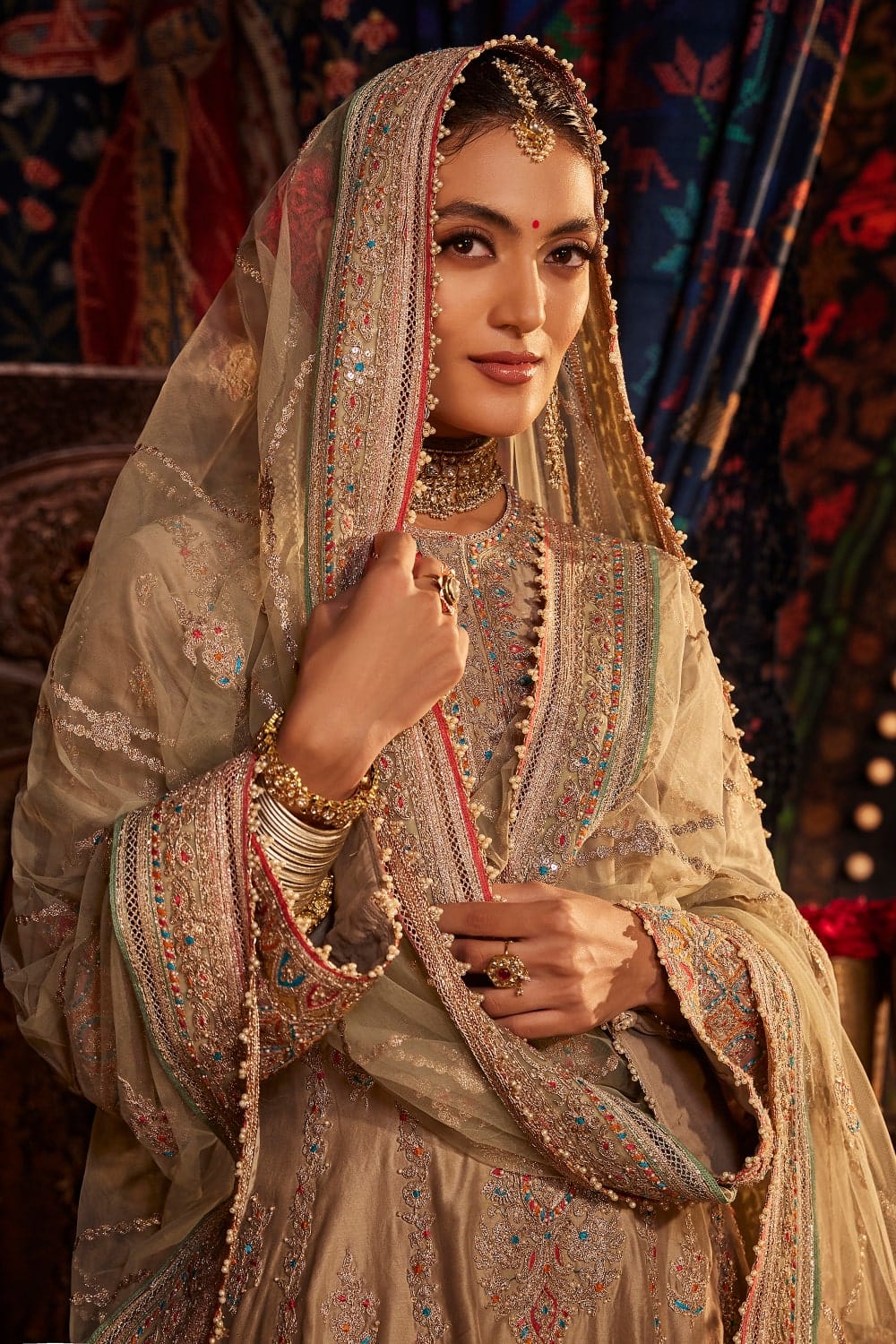 Pale Khaki FLoral and Paisley Kalidar Kurta Set