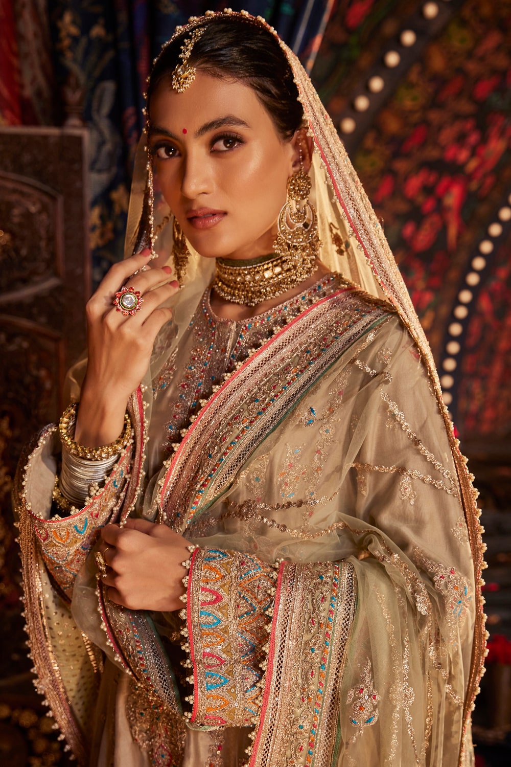Pale Khaki FLoral and Paisley Kalidar Kurta Set