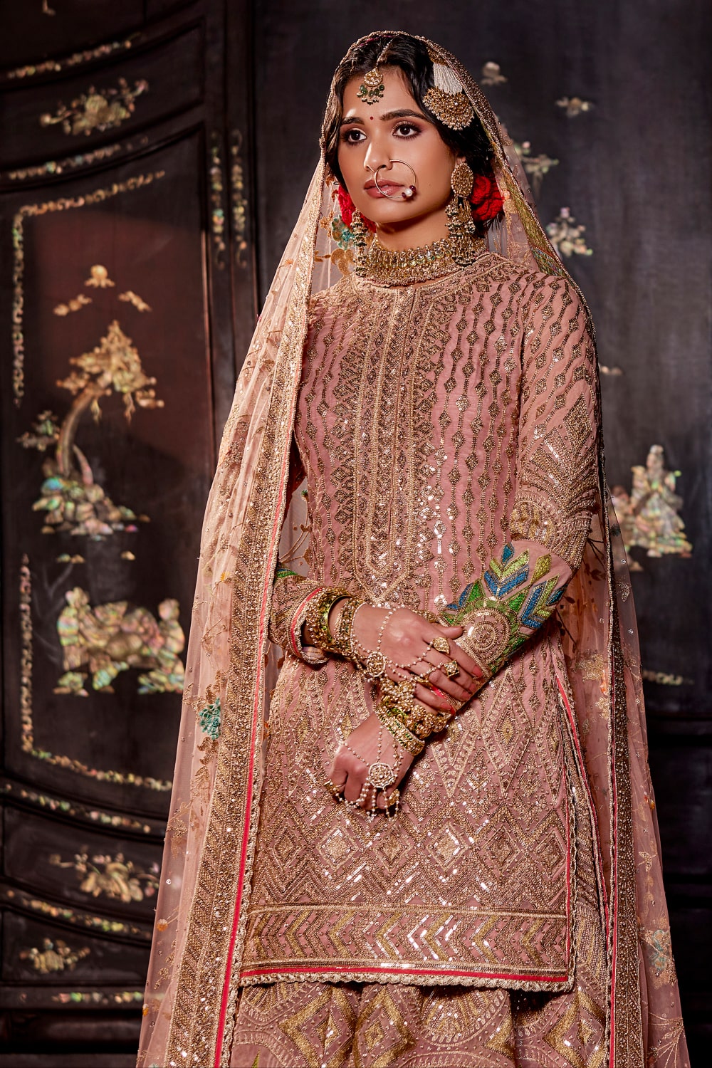 Peach Pink Sequin Sharara Set
