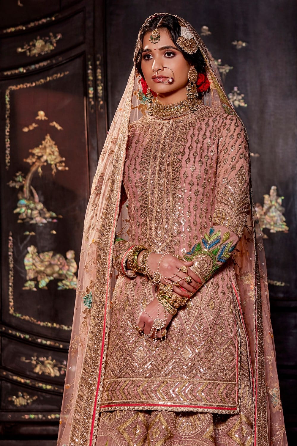 Peach Pink Sequin Sharara Set