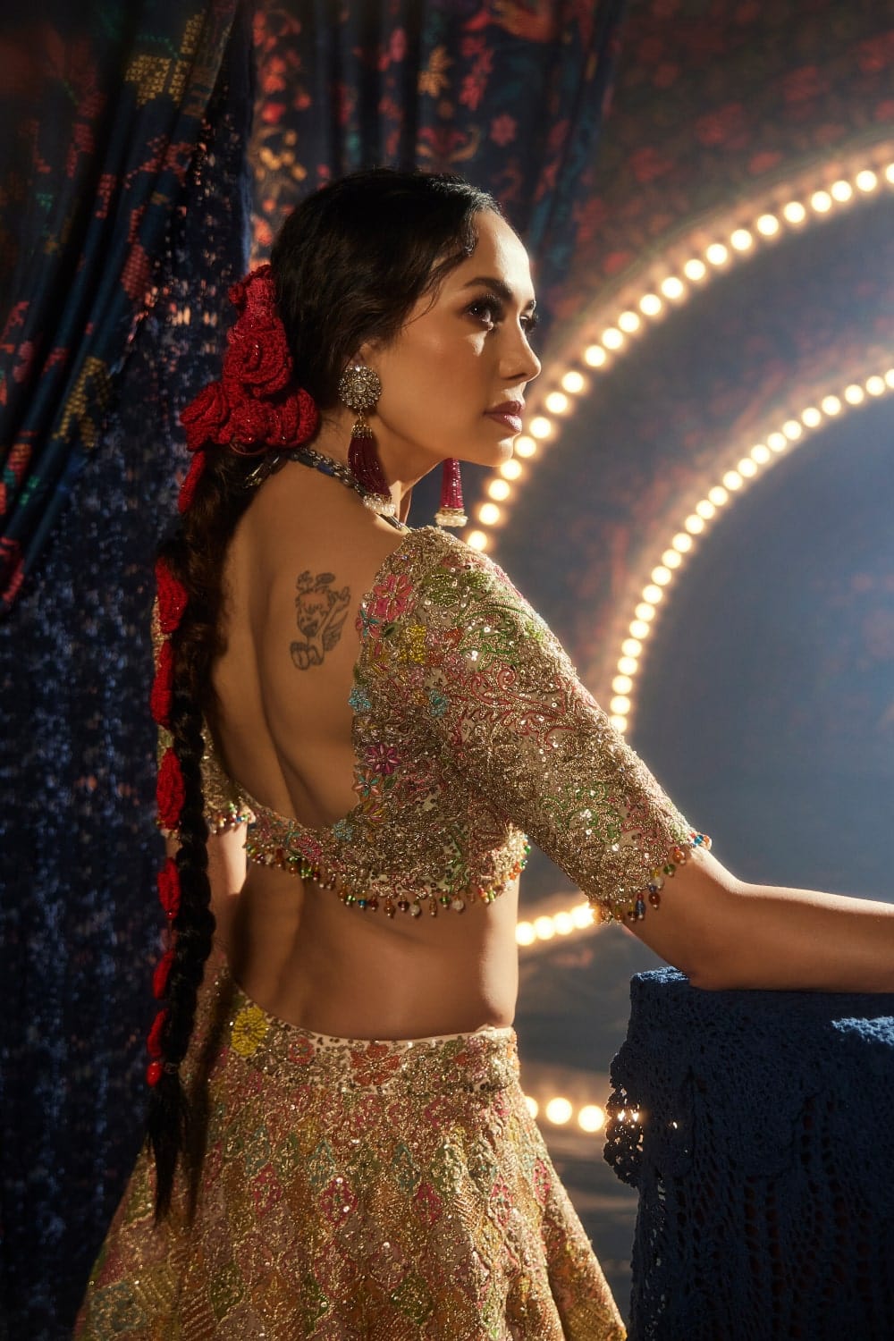 Multi Colour Birds of Paradise Lehenga with Floral Motifs and Birds of Paradise