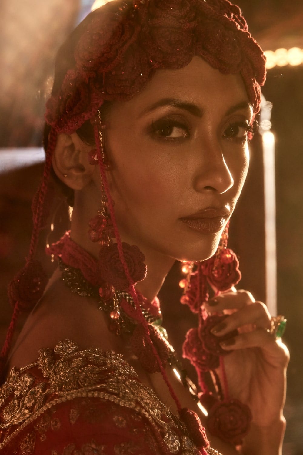 Pomegranate Lehenga with Peacocks and Floral Bouquets