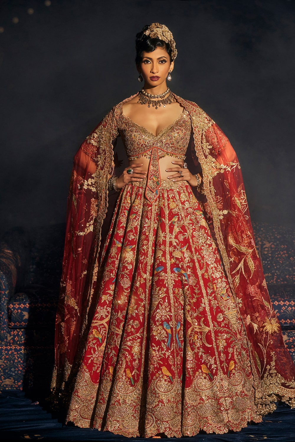 Deep Red Cornucopia Lehenga with Floral and Avian Artworks