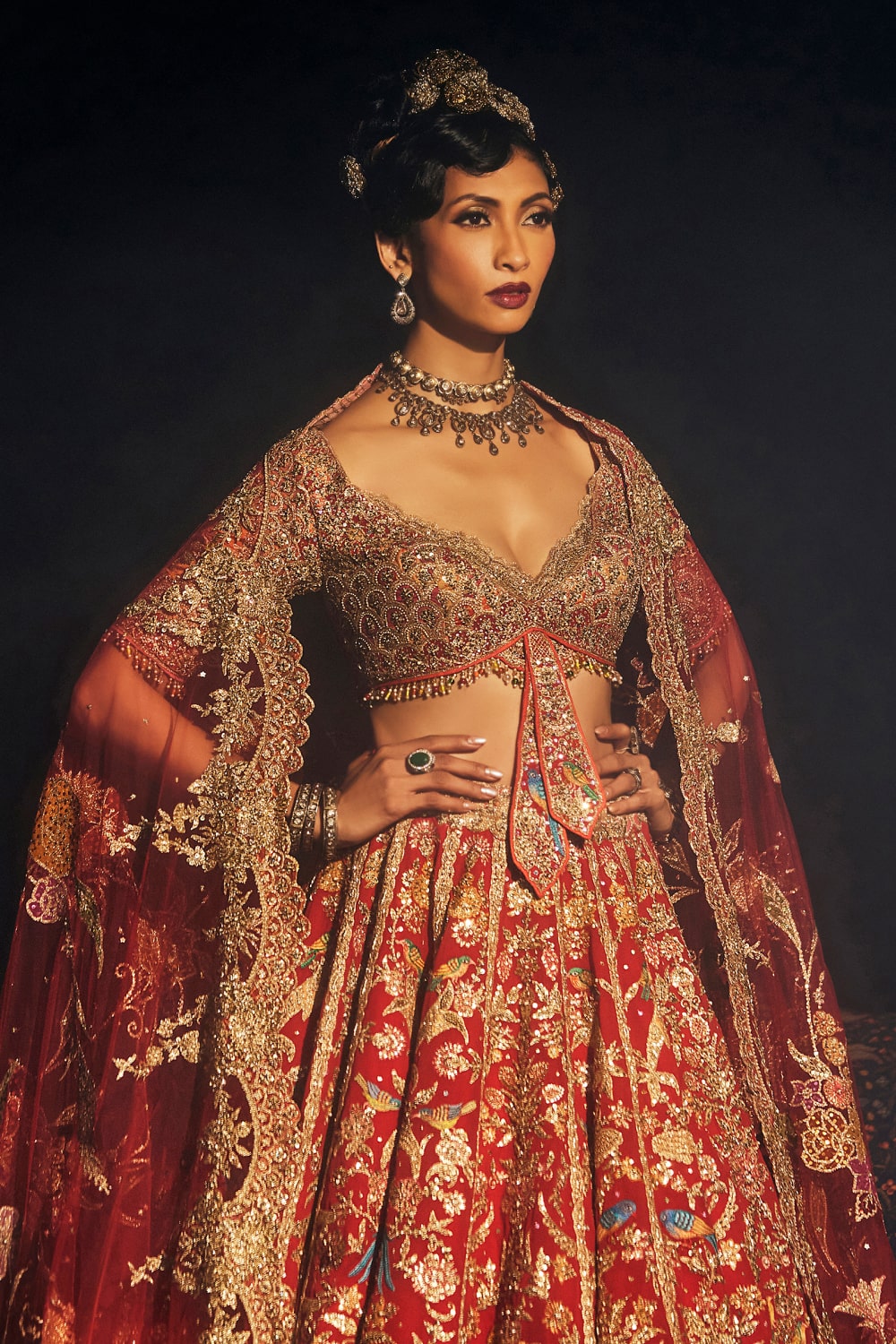 Deep Red Cornucopia Lehenga with Floral and Avian Artworks