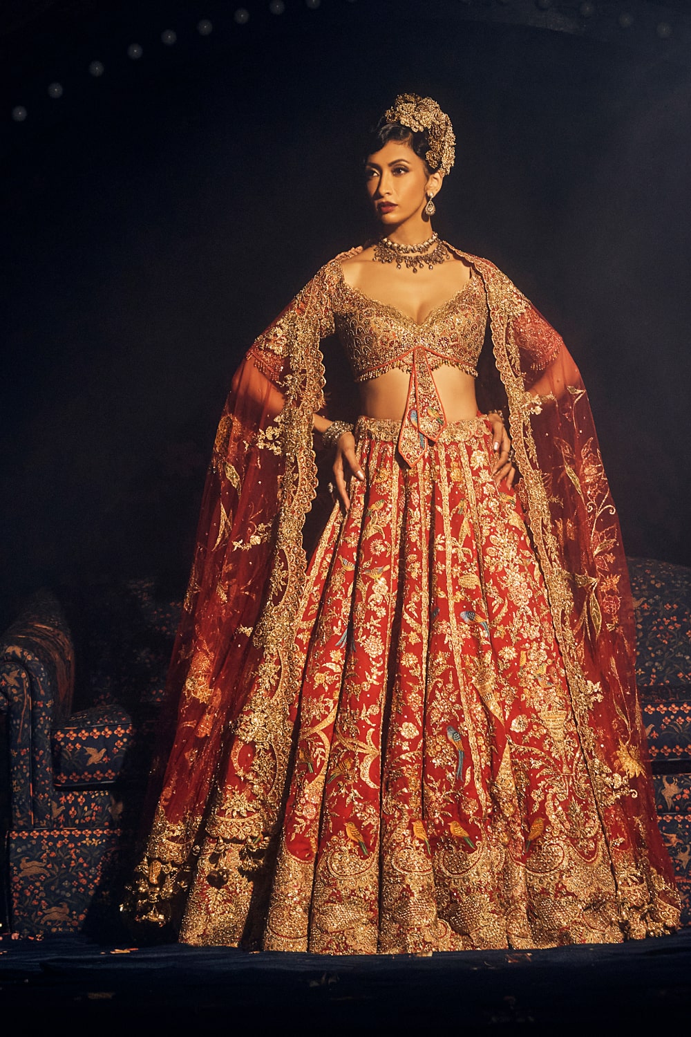 Deep Red Cornucopia Lehenga with Floral and Avian Artworks