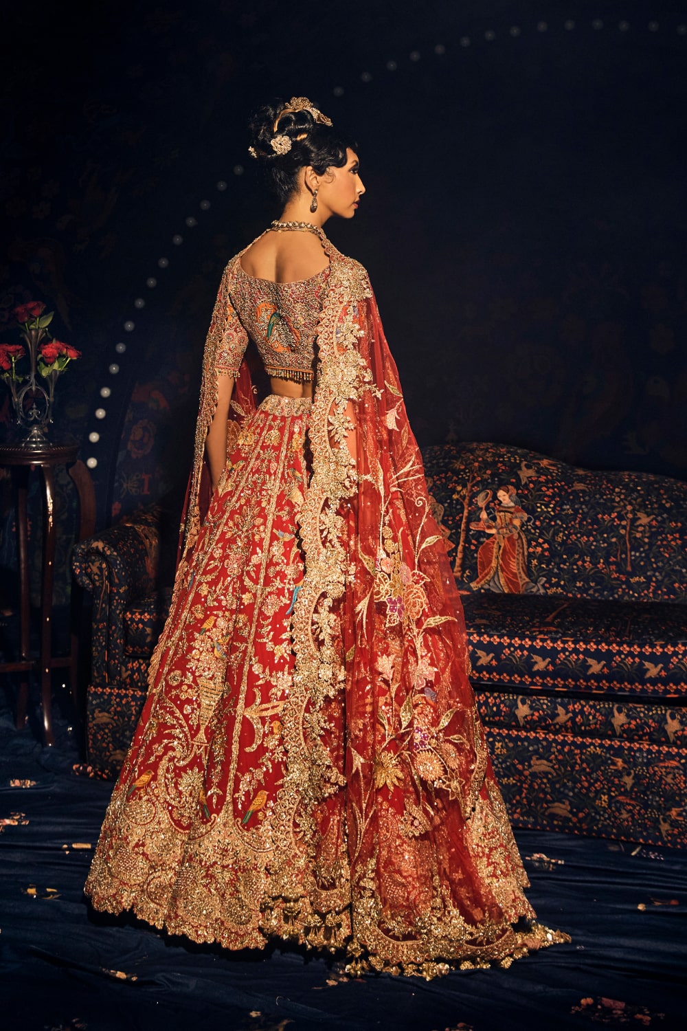 Deep Red Cornucopia Lehenga with Floral and Avian Artworks