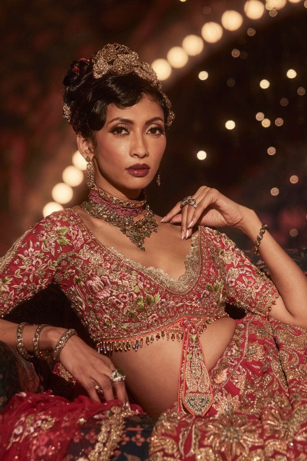 Deep Red Lehenga with Floral and Avian Motifs