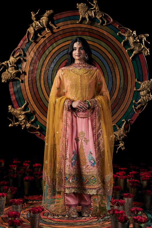 Peach Pink Tulle Kalidar Kurta Set