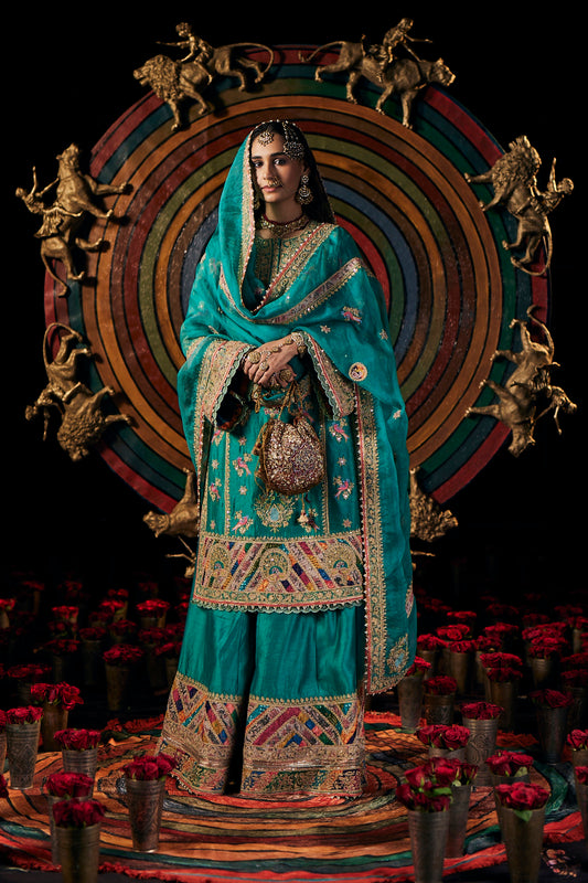 Deep Turquoise Blended Silk Sharara Set