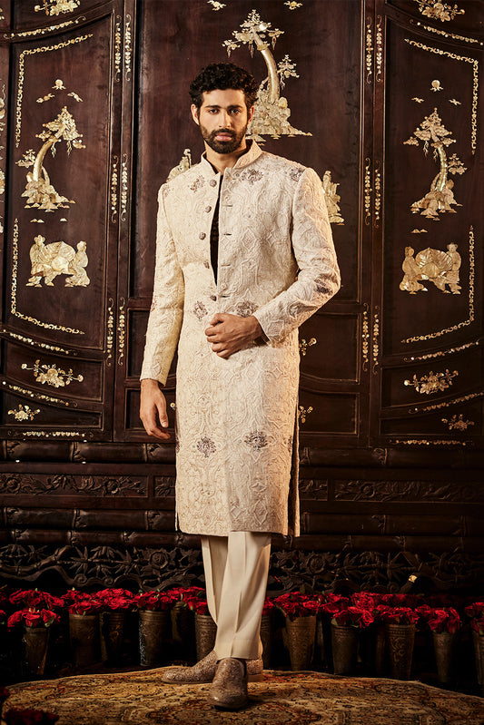A Tonal Ivory Silk Sherwani