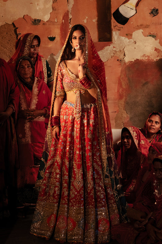 Deep Vermillion Red Silk Lehenga