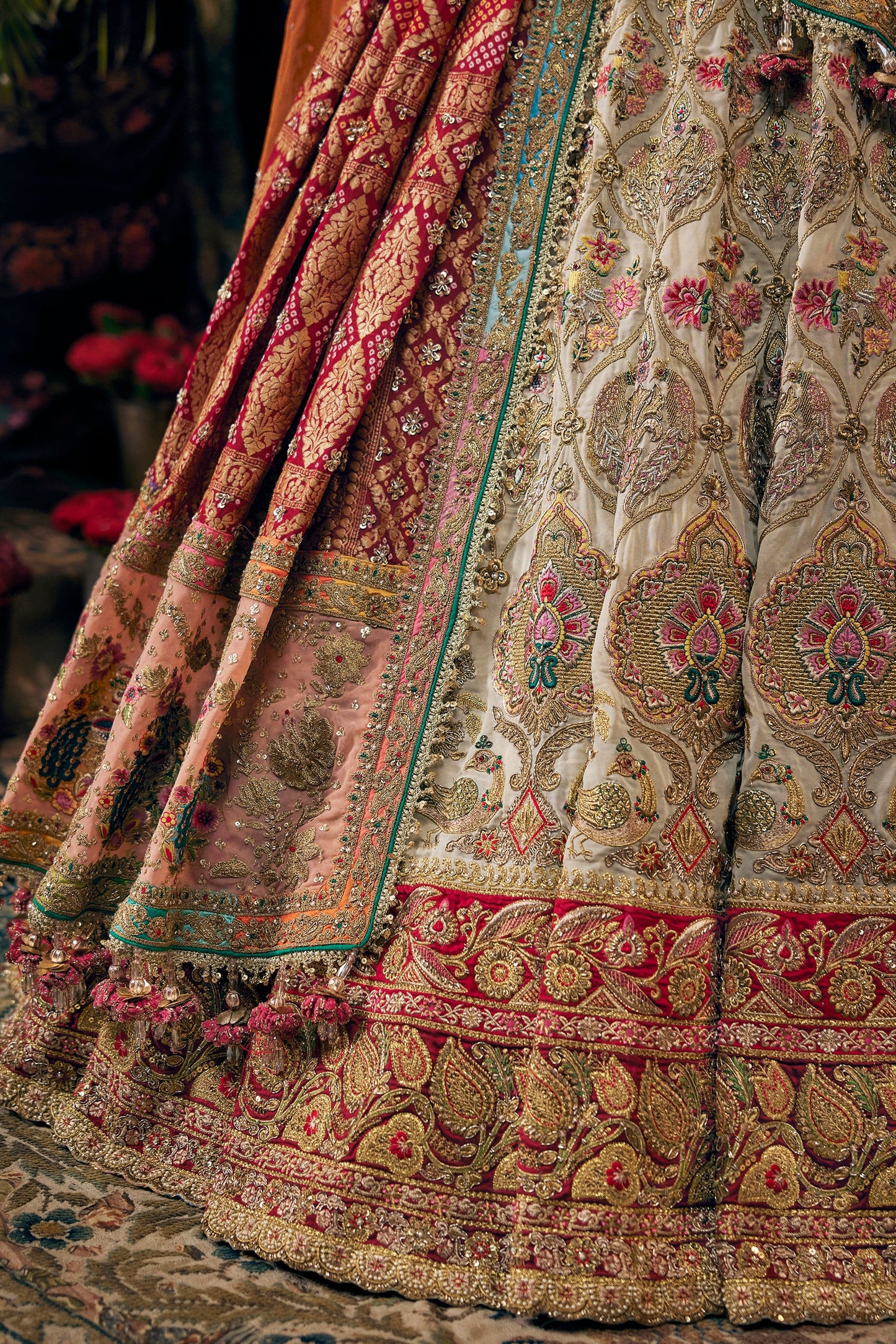 Ivory And Deep Red Lehenga