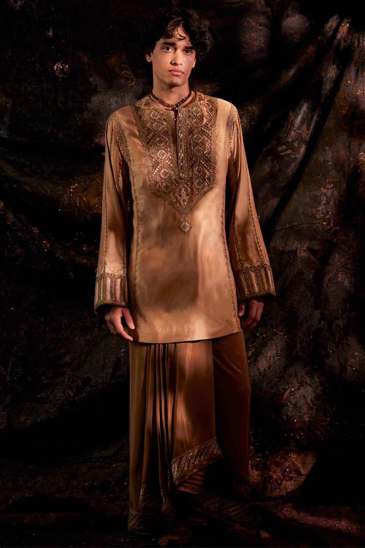 Gold And Brown Silk Lungi Set