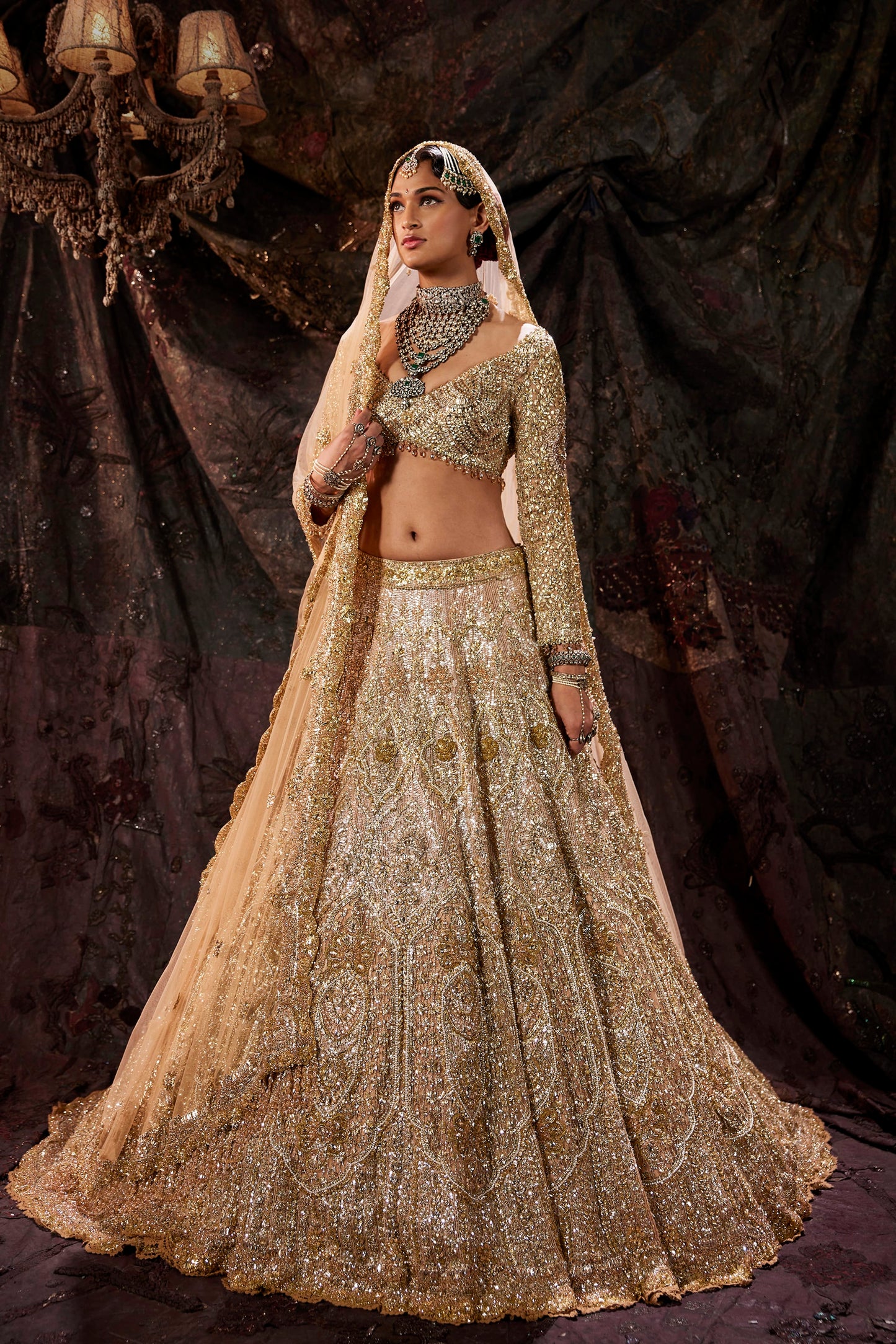 Burnished Gold Sequin Embellished Tulle Lehenga