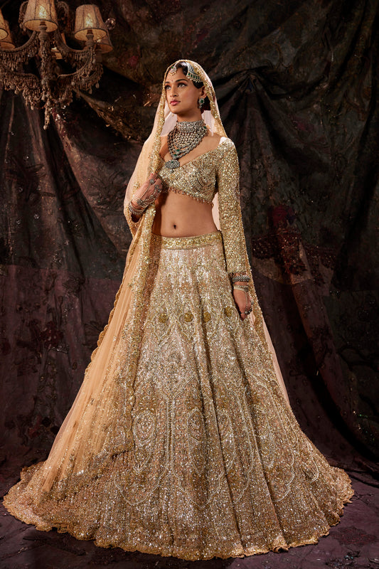 Burnished Gold Sequin Embellished Tulle Lehenga
