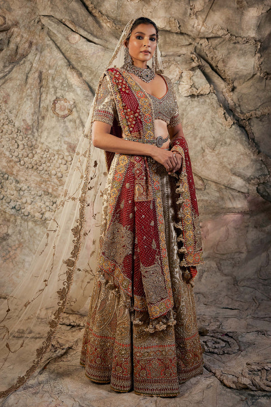 Ivory & Crimson Embroidered Lehenga